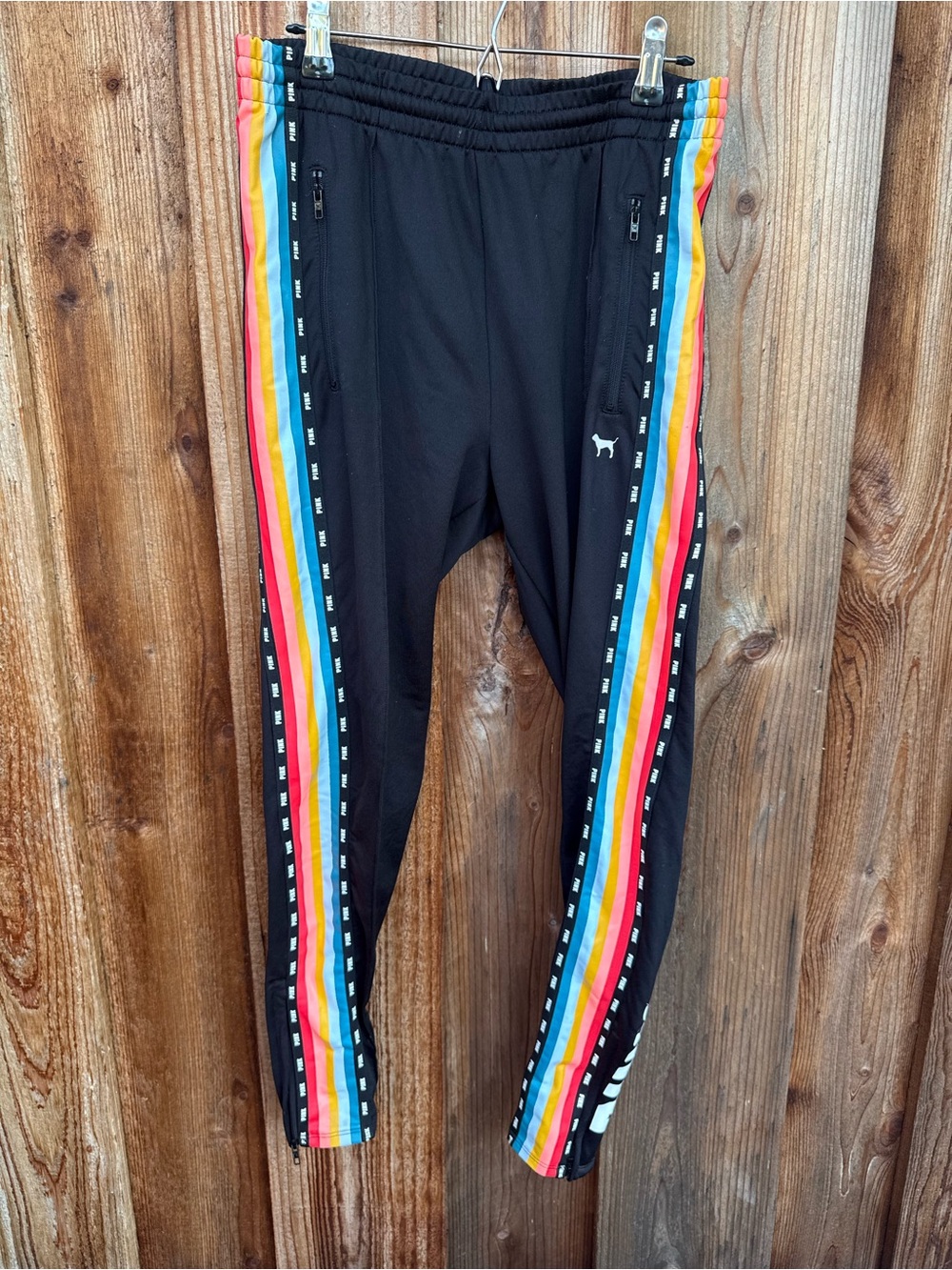 PINK Victoria's Secret Black Leggings with Rainbow Side Stripes